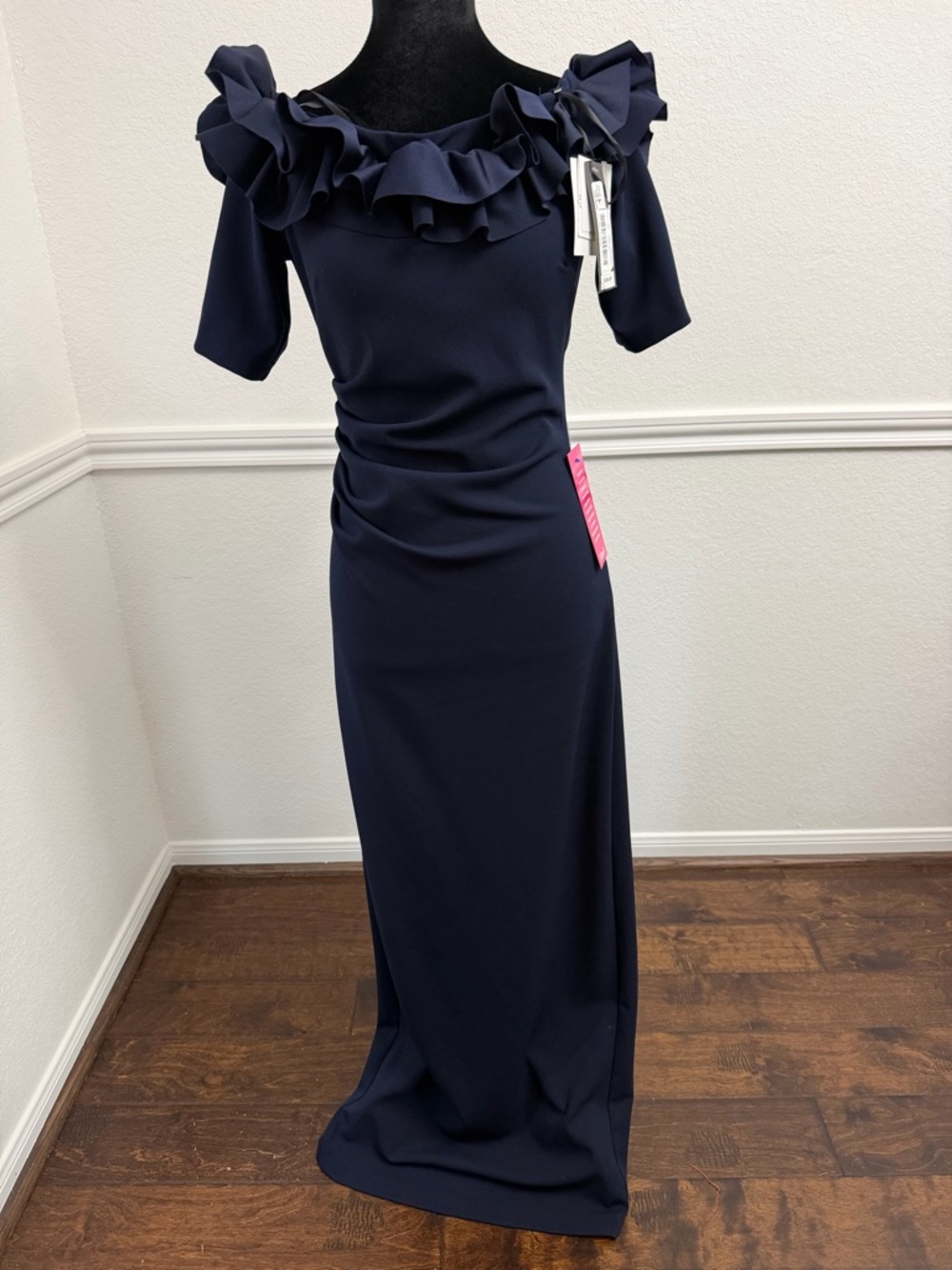 Elegant Navy Ruffle Off-Shoulder Evening Dress